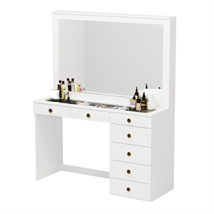 Pemberly Row White Makeup Vanity with 7 Drawers and Mirror Golden Knobs