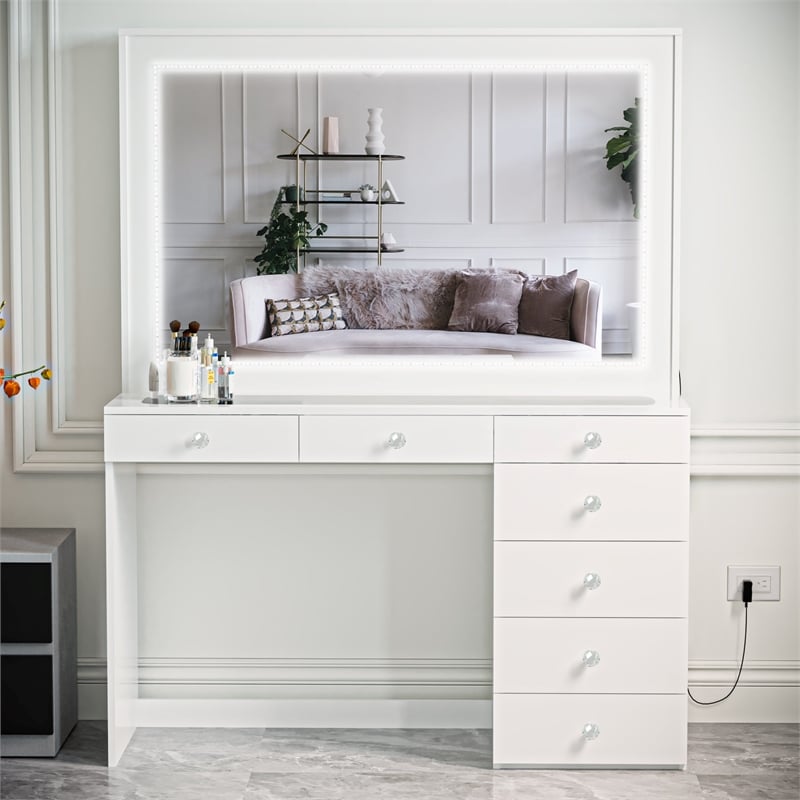 Pemberly Row Modern White Vanity 7 Drawers LED Lights Crystal Ball Knobs