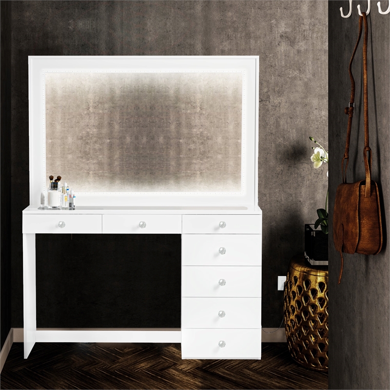 Pemberly Row Modern White Vanity 7 Drawers LED Lights Crystal Ball Knobs