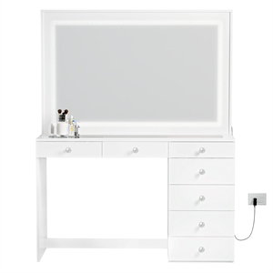 Pemberly Row Modern White Vanity 7 Drawers LED Lights Crystal Ball Knobs