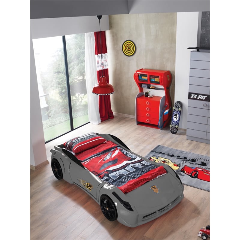 Pemberly Row Modern Wood TT Twin Race Car Bed with Remote Control in Gray