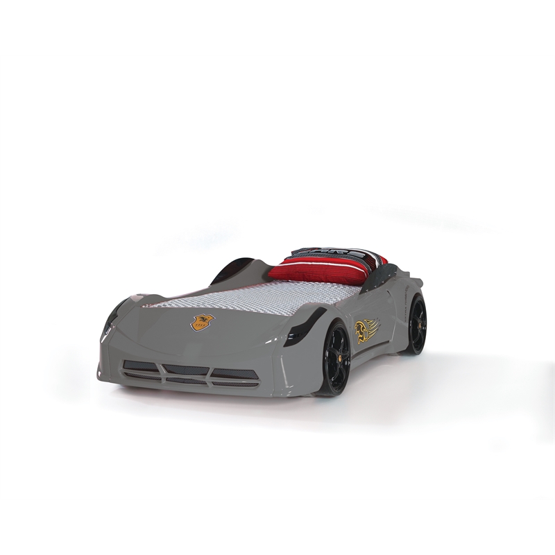 Pemberly Row Modern Wood TT Twin Race Car Bed with Remote Control in Gray