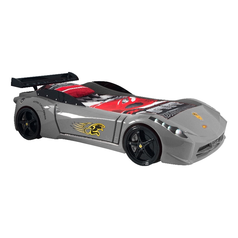 Pemberly Row Modern Wood TT Twin Race Car Bed with Remote Control in Gray