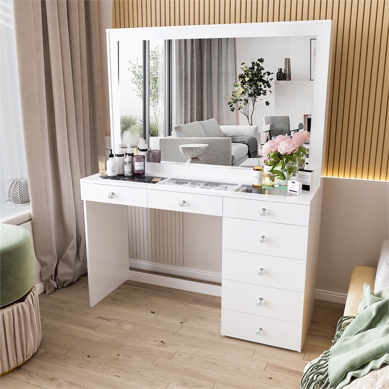Pemberly Row White Makeup Vanity with 7 Drawers and Mirror Crystal Ball Knobs