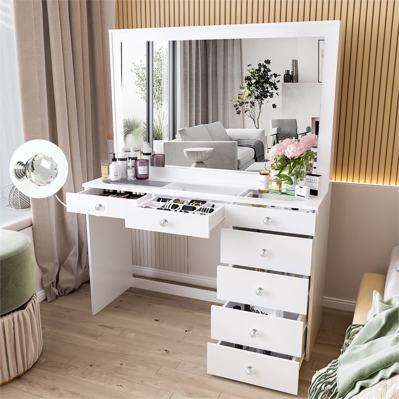 Pemberly Row White Makeup Vanity with 7 Drawers and Mirror Crystal Ball Knobs