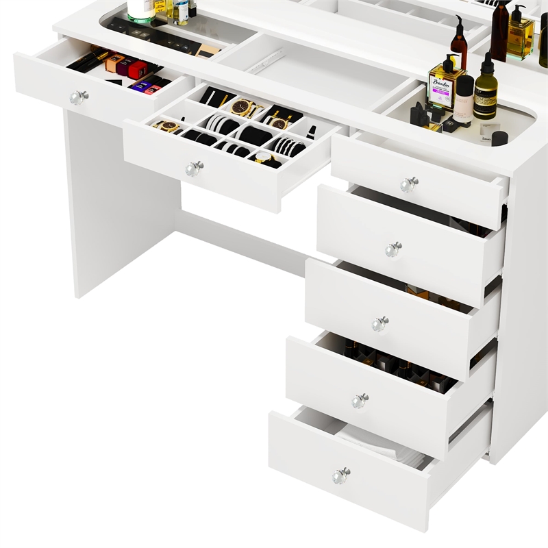Pemberly Row White Makeup Vanity with 7 Drawers and Mirror Crystal Ball Knobs