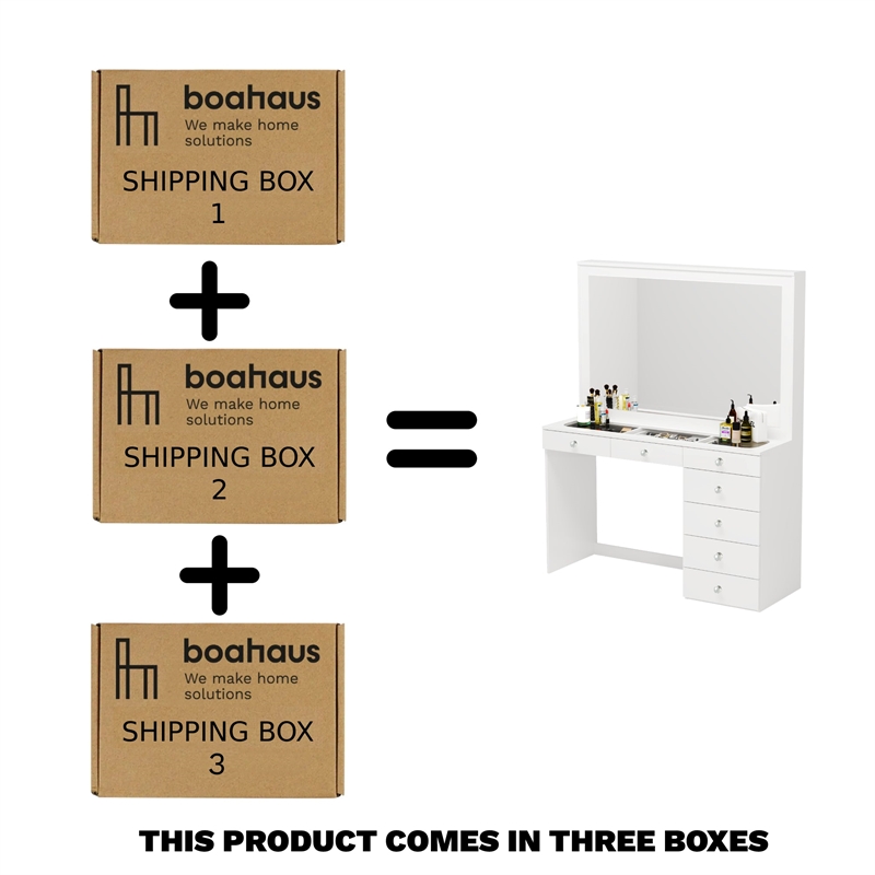 Pemberly Row White Makeup Vanity with 7 Drawers and Mirror Crystal Ball Knobs