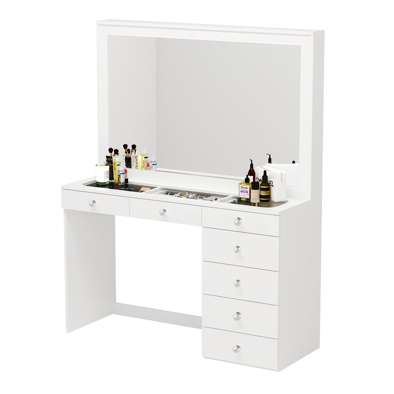 Pemberly Row White Makeup Vanity with 7 Drawers and Mirror Crystal Ball Knobs