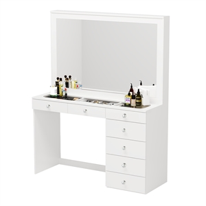 Pemberly Row White Makeup Vanity with 7 Drawers and Mirror Crystal Ball Knobs