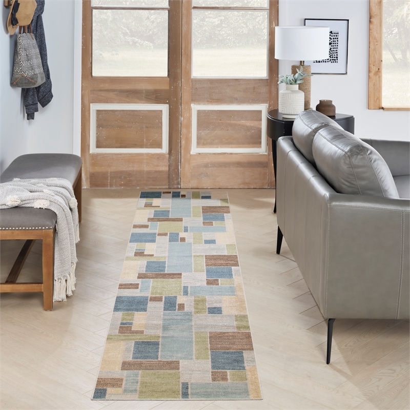 Pemberly Row Machine Washable 10' Runner Blue Green Multicolor Area Rug