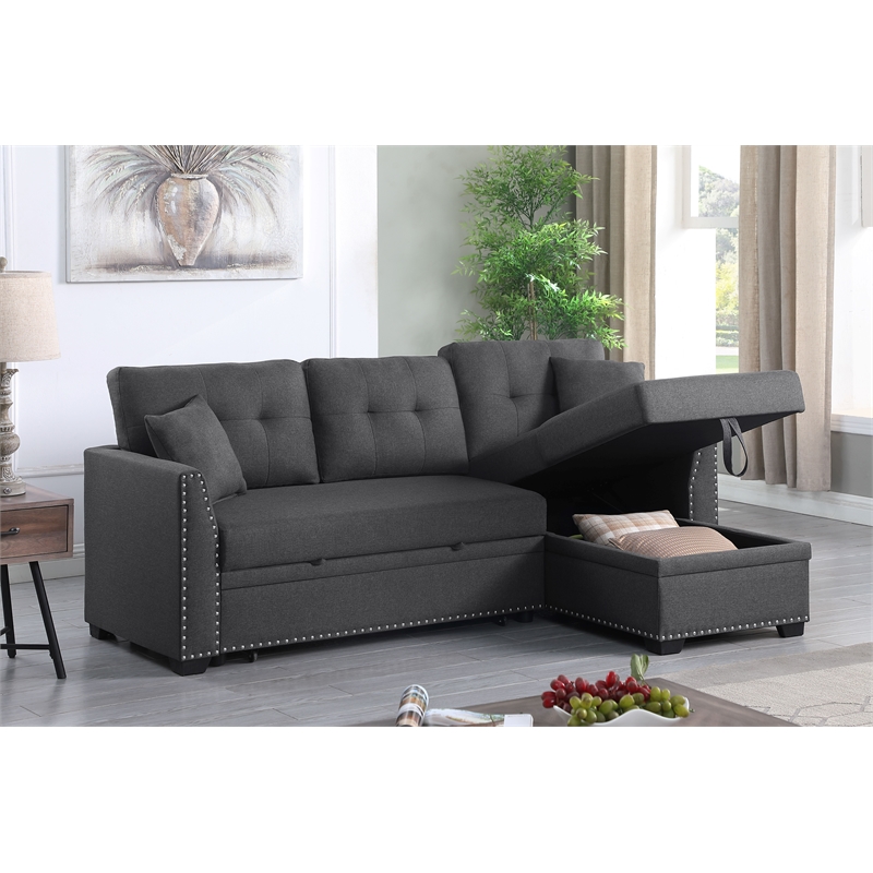 Pemberly Row Sleeper fabric Sofa Sectional w Reversible Storage DARK GRAY