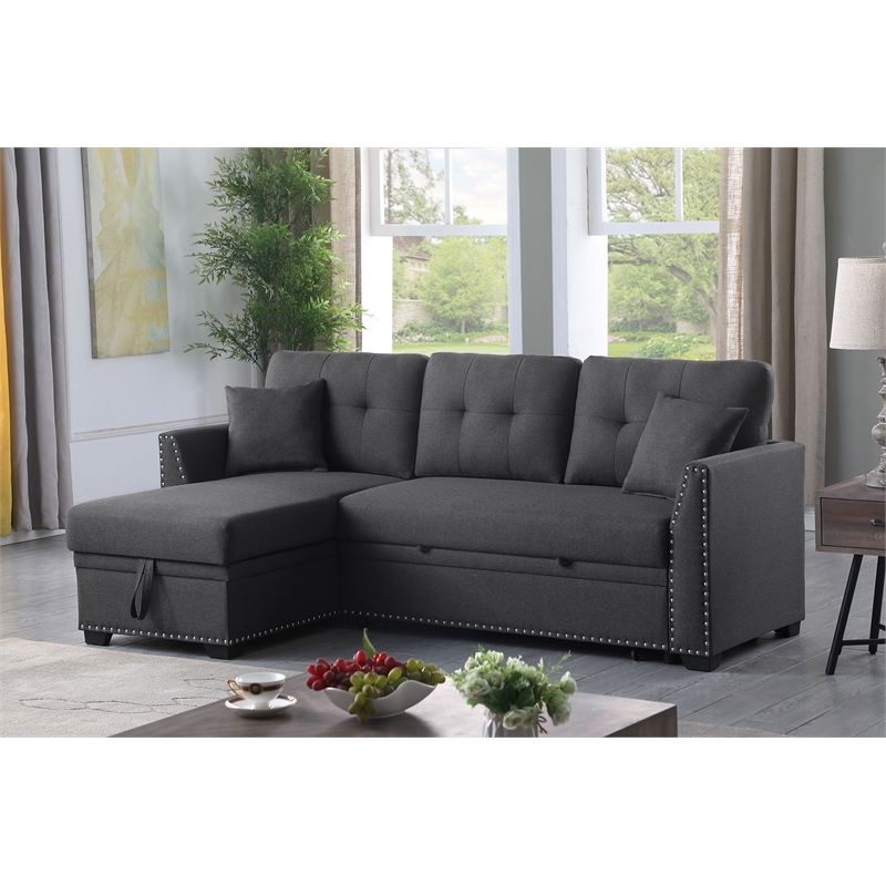 Pemberly Row Sleeper fabric Sofa Sectional w Reversible Storage DARK GRAY