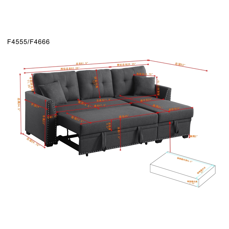 Pemberly Row Sleeper fabric Sofa Sectional w Reversible Storage DARK GRAY