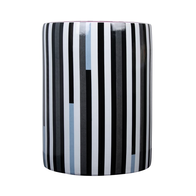 Pemberly Row Ceramic Stool in Modern Black and White Stripes Print