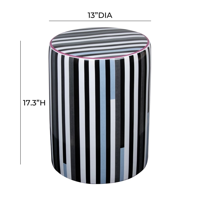 Pemberly Row Ceramic Stool in Modern Black and White Stripes Print