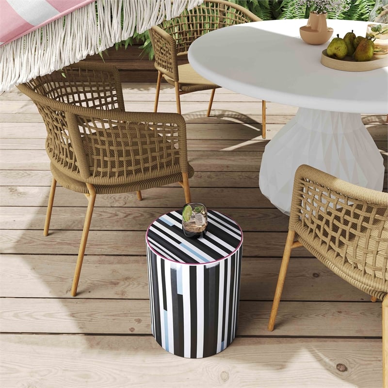 Pemberly Row Ceramic Stool in Modern Black and White Stripes Print