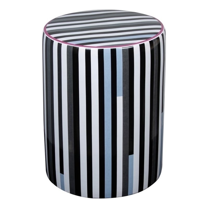 Pemberly Row Ceramic Stool in Modern Black and White Stripes Print