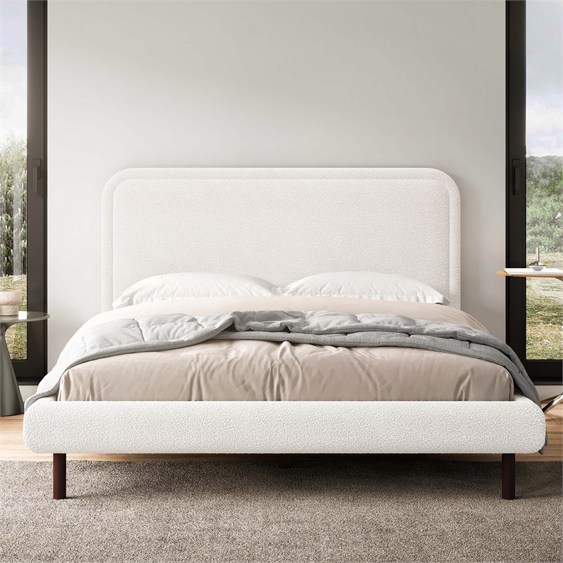 Pemberly Row Upholstered Platform Queen Bed in White Boucle Fabric