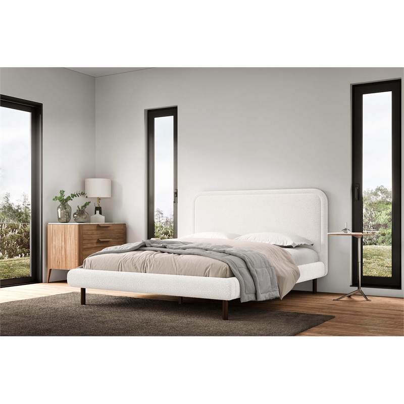 Pemberly Row Upholstered Platform Queen Bed in White Boucle Fabric