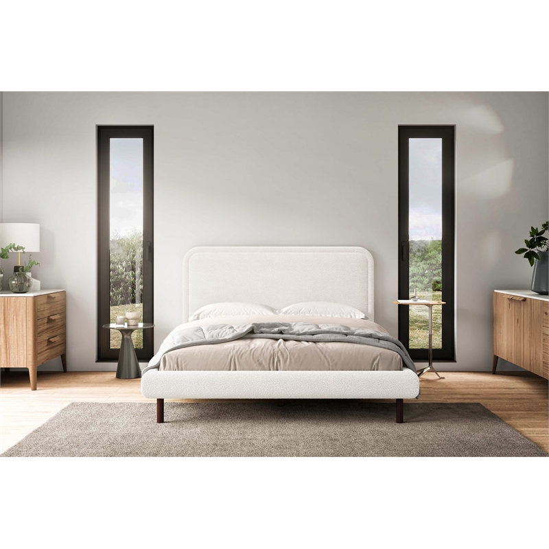 Pemberly Row Upholstered Platform Queen Bed in White Boucle Fabric