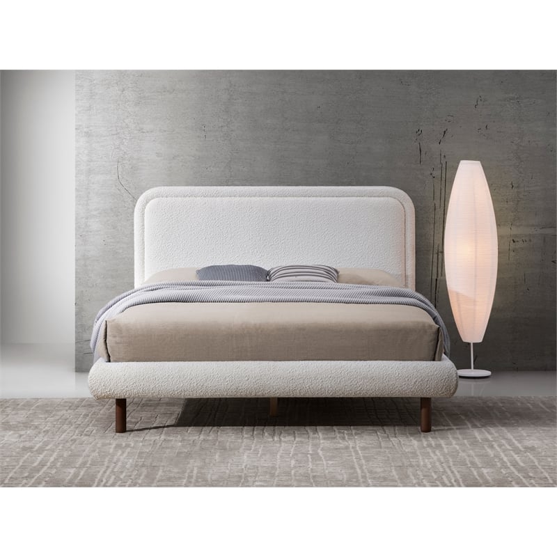 Pemberly Row Upholstered Platform Queen Bed in White Boucle Fabric