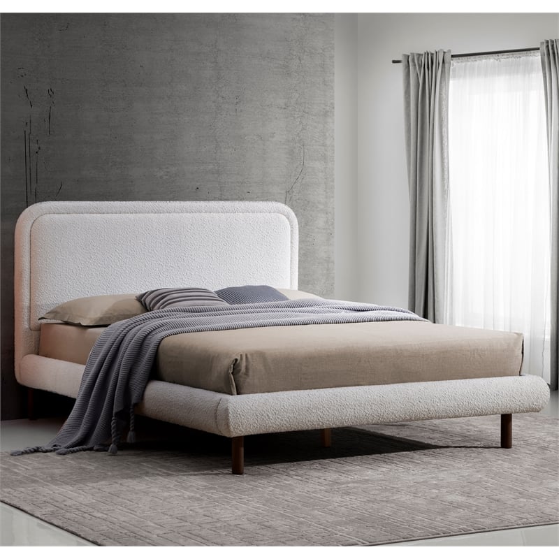 Pemberly Row Upholstered Platform Queen Bed in White Boucle Fabric