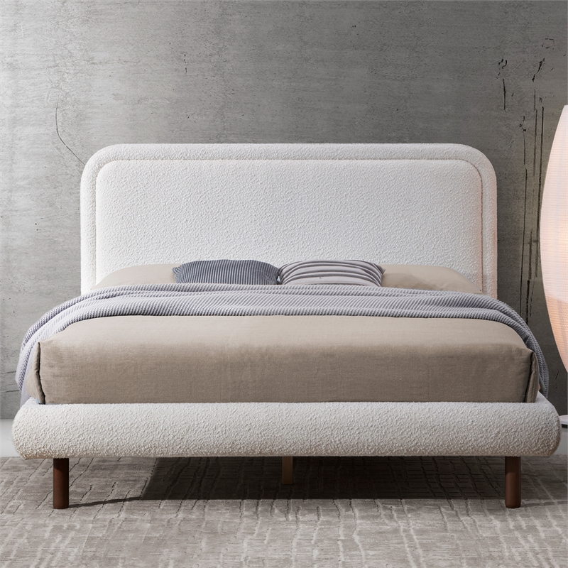 Pemberly Row Upholstered Platform Queen Bed in White Boucle Fabric