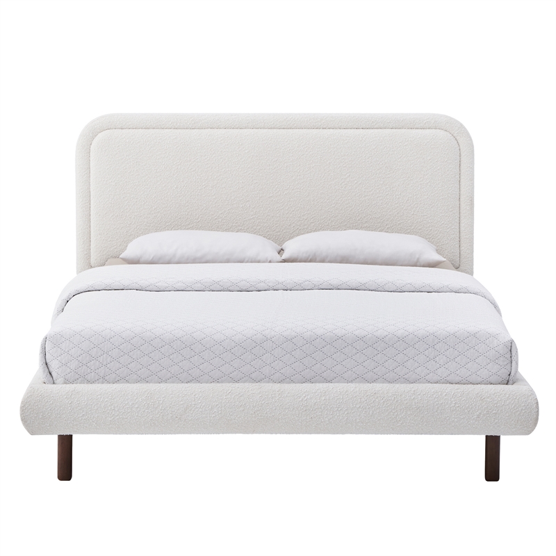 Pemberly Row Upholstered Platform Queen Bed in White Boucle Fabric