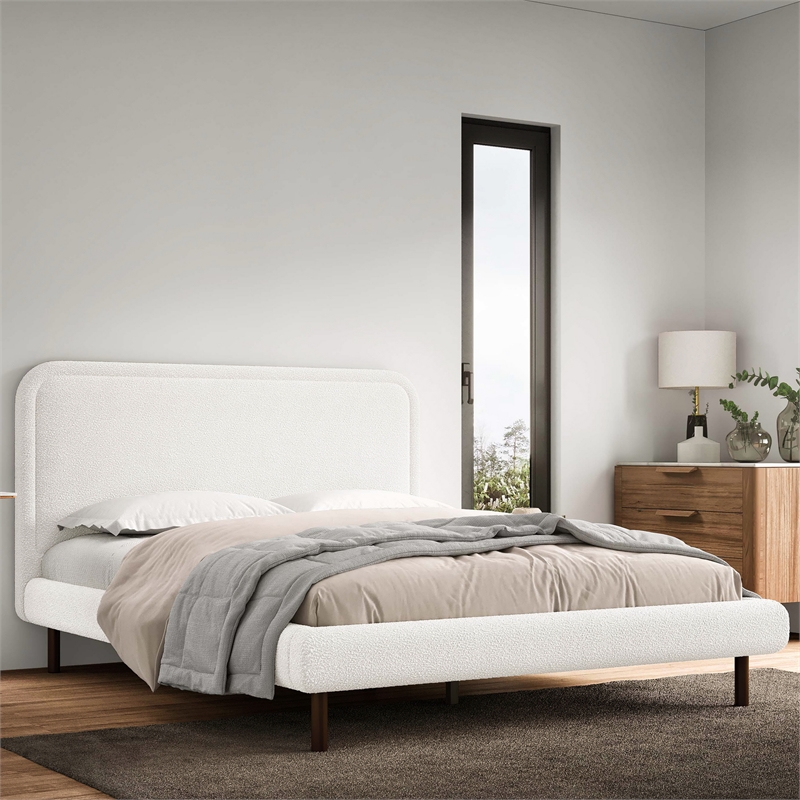 Pemberly Row Upholstered Platform Queen Bed in White Boucle Fabric