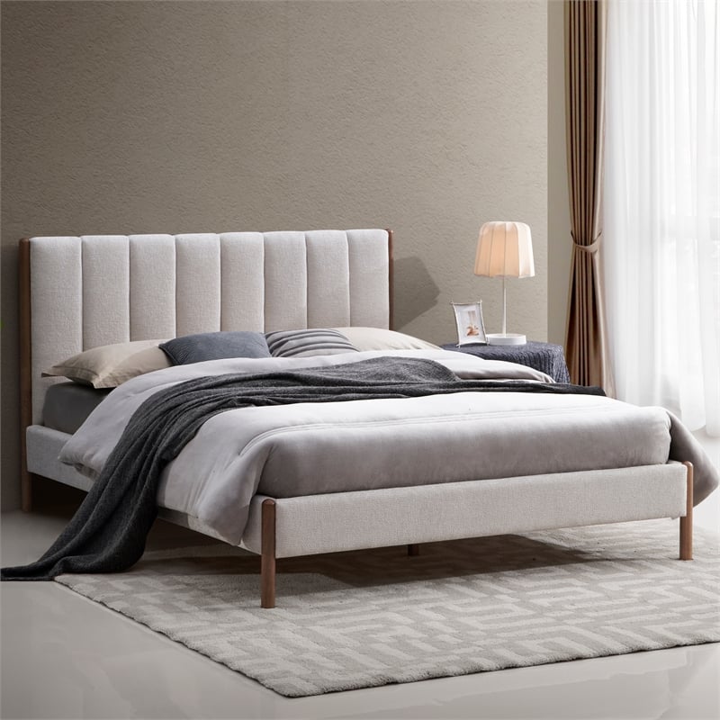 Pemberly Row Modern Upholstered Platform Queen Bed in Cream Fabric