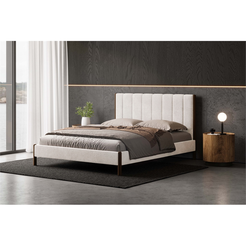 Pemberly Row Modern Upholstered Platform Queen Bed in Cream Fabric