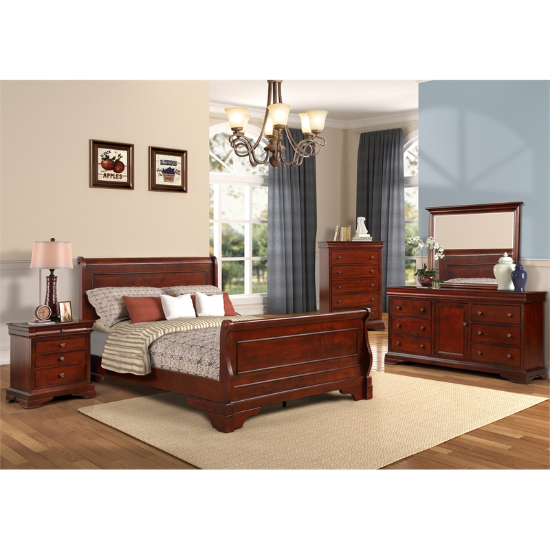 Pemberly Row Contemporary Wood Full Bed in Bordeaux Cherry Finish
