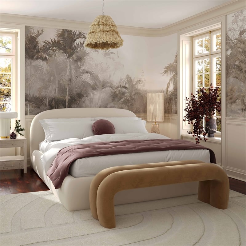 Pemberly Row Modern Upholstered Modern Velvet King Bed in Cream