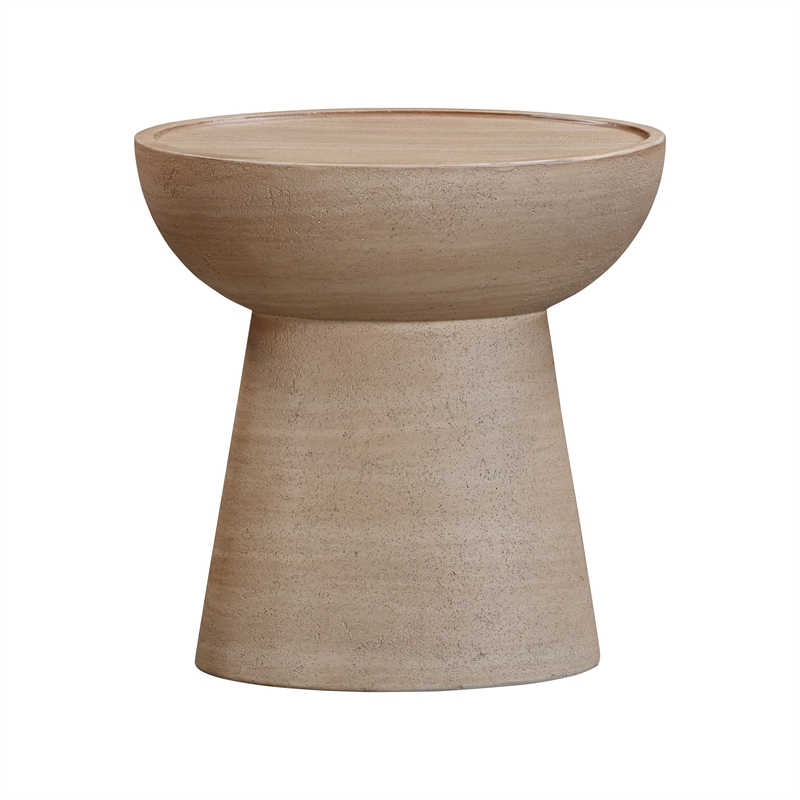 Pemberly Row Indoor / Outdoor Eclipse Faux Travertine Stone Side Table in Beige