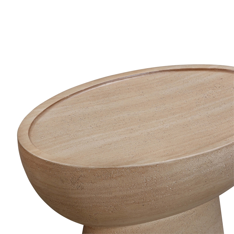 Pemberly Row Indoor / Outdoor Eclipse Faux Travertine Stone Side Table in Beige