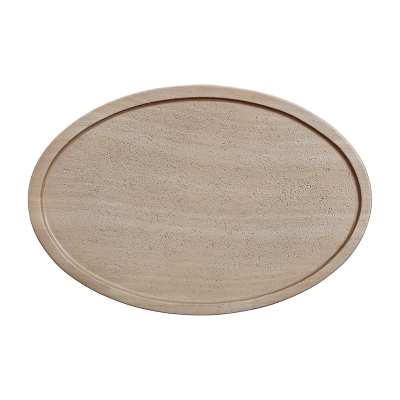 Pemberly Row Indoor / Outdoor Eclipse Faux Travertine Stone Side Table in Beige