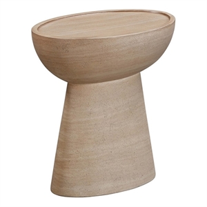 Pemberly Row Indoor / Outdoor Eclipse Faux Travertine Stone Side Table in Beige
