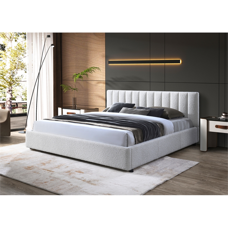 Pemberly Row Upholstered Platform King Bed in White Boucle Fabric