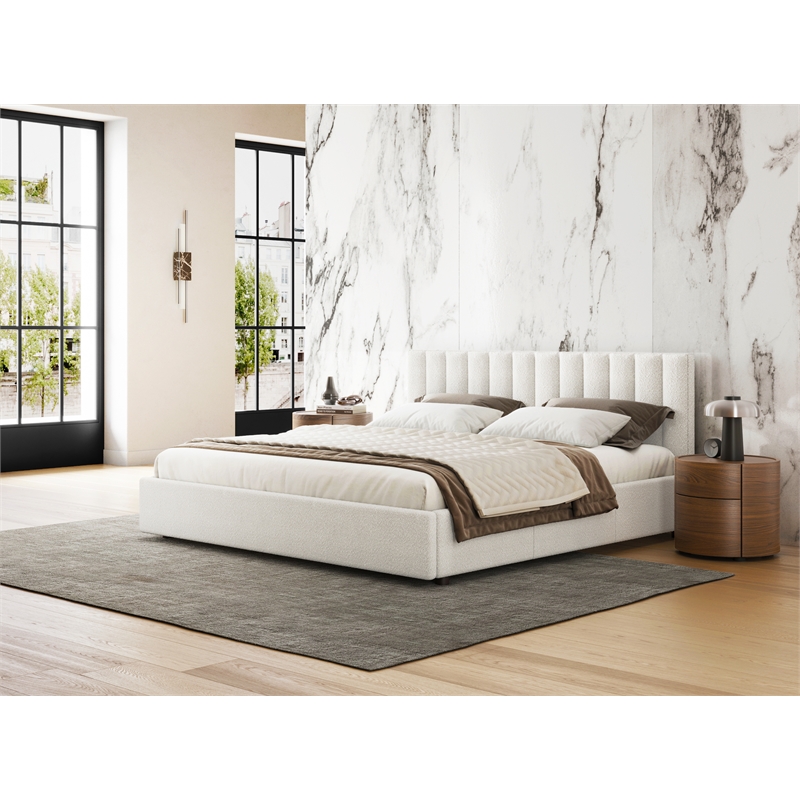 Pemberly Row Upholstered Platform King Bed in White Boucle Fabric