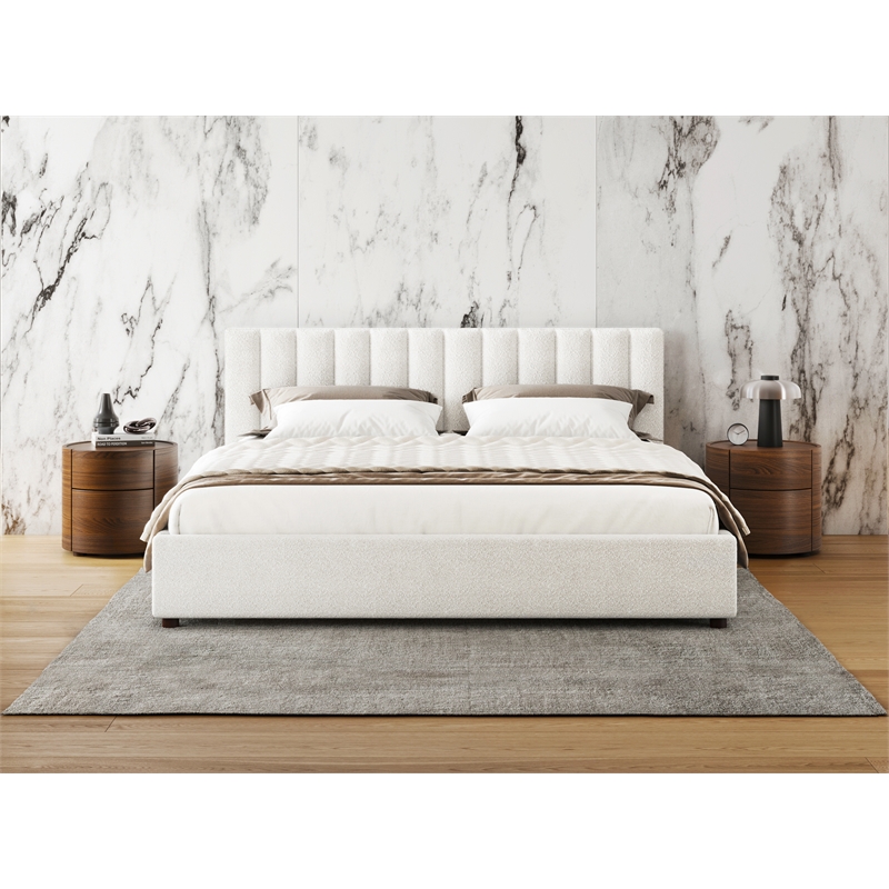 Pemberly Row Upholstered Platform King Bed in White Boucle Fabric