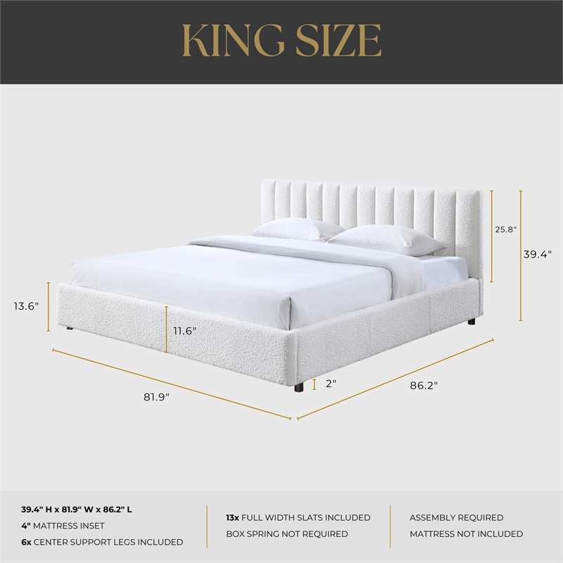 Pemberly Row Upholstered Platform King Bed in White Boucle Fabric
