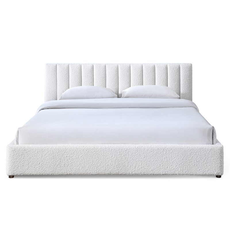 Pemberly Row Upholstered Platform King Bed in White Boucle Fabric