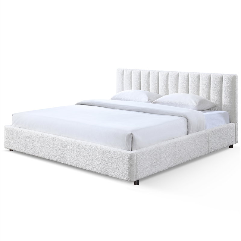 Pemberly Row Upholstered Platform King Bed in White Boucle Fabric