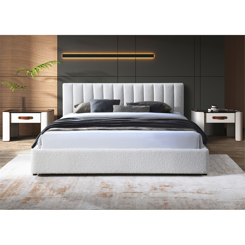 Pemberly Row Upholstered Platform King Bed in White Boucle Fabric
