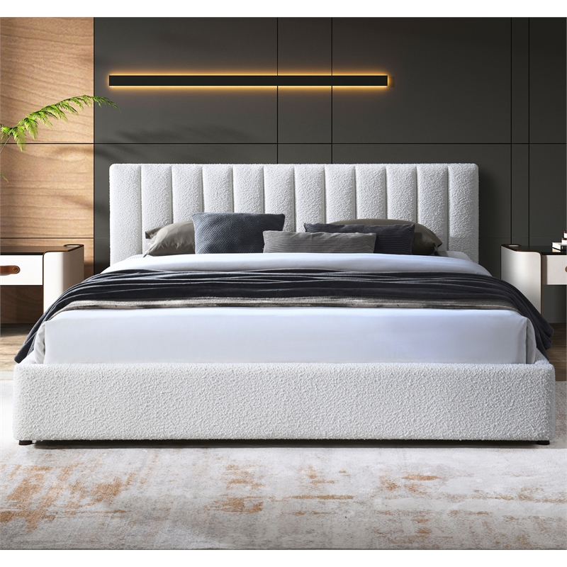Pemberly Row Upholstered Platform King Bed in White Boucle Fabric