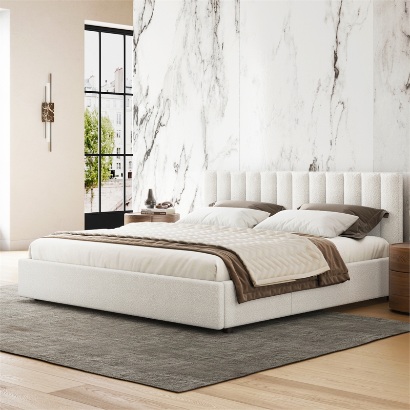 Pemberly Row Upholstered Platform King Bed in White Boucle Fabric