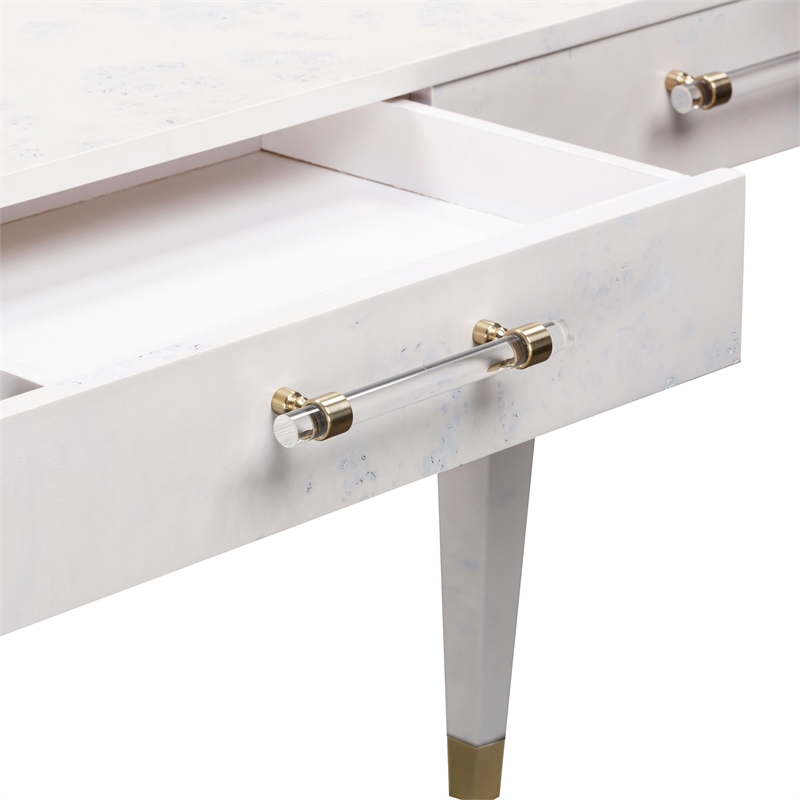 Pemberly Row Contemporary Acacia Burl Work Desk in White Finish