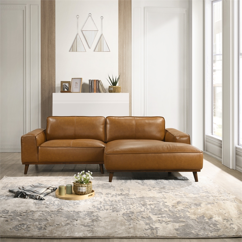 Pemberly Row Mid Century Living Room Right-Faced Tan Leather Sectional Sofa