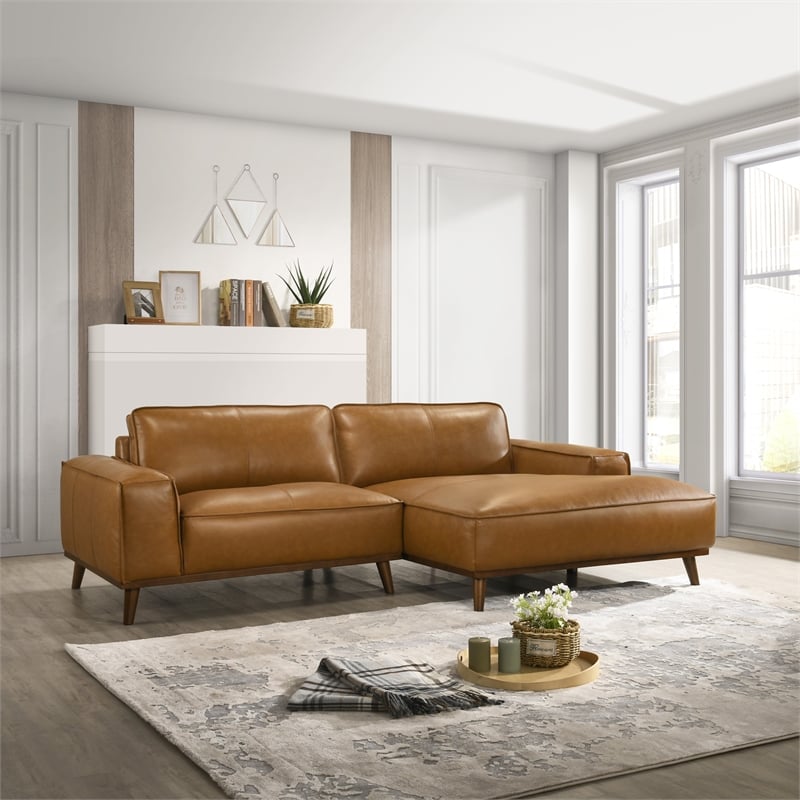Pemberly Row Mid Century Living Room Right-Faced Tan Leather Sectional Sofa