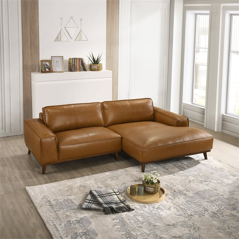 Pemberly Row Mid Century Living Room Right-Faced Tan Leather Sectional Sofa